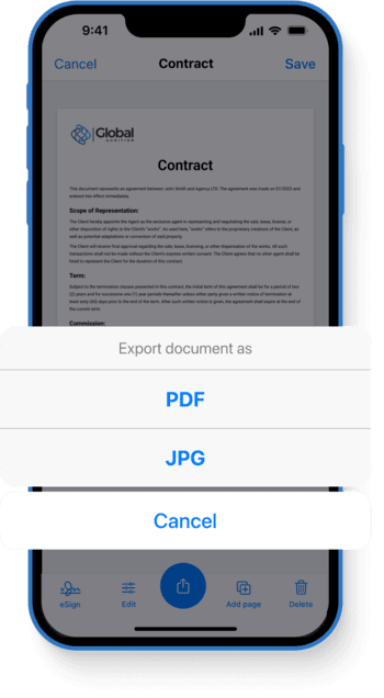 saving files as pdf or jpg on the scanner app for iphone