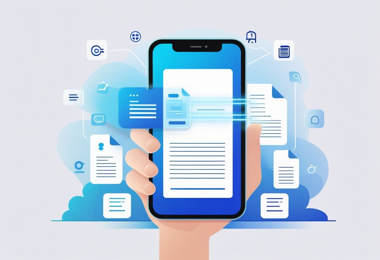A hand holding a mobile phone showing a scanned document with digital effects indicating text extraction.