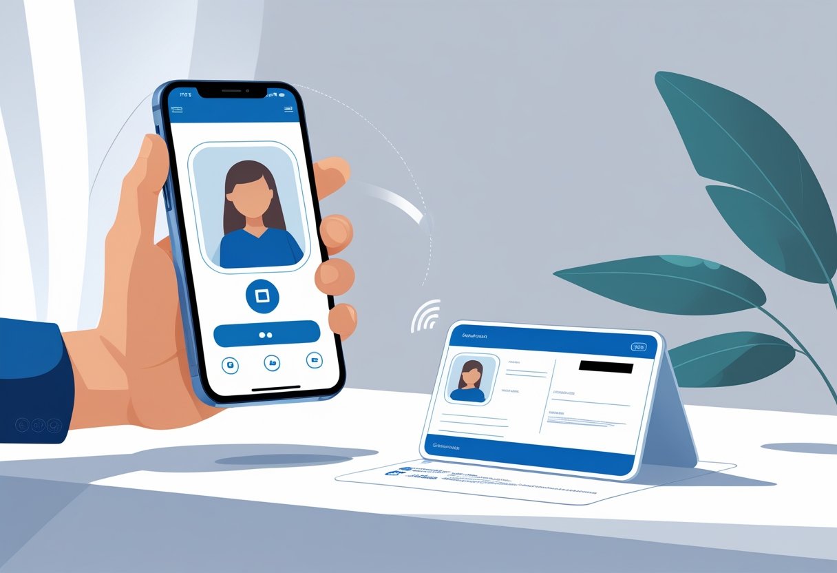 A person holding a smartphone scanning the front side of an ID card lying on a table, with the back side of the card visible nearby.