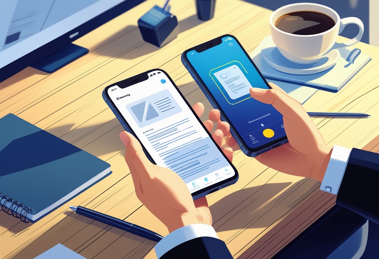 A hand holding an iPhone scanning a document on a desk with office items nearby.