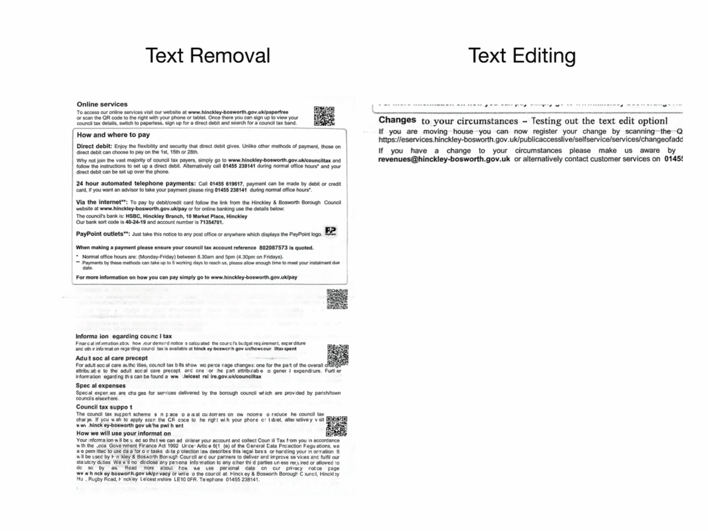 Screenshot of the CamScanner app demonstrating the text removal and text editing feature on a scanned document