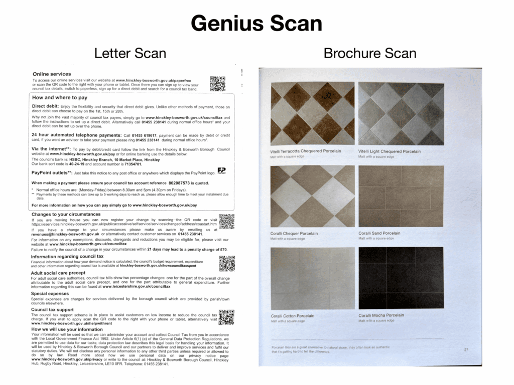 Side-by-side scans showing a crisp letter with sharp text and a color brochure page corrected for curvature, with clear images but slightly softer text.