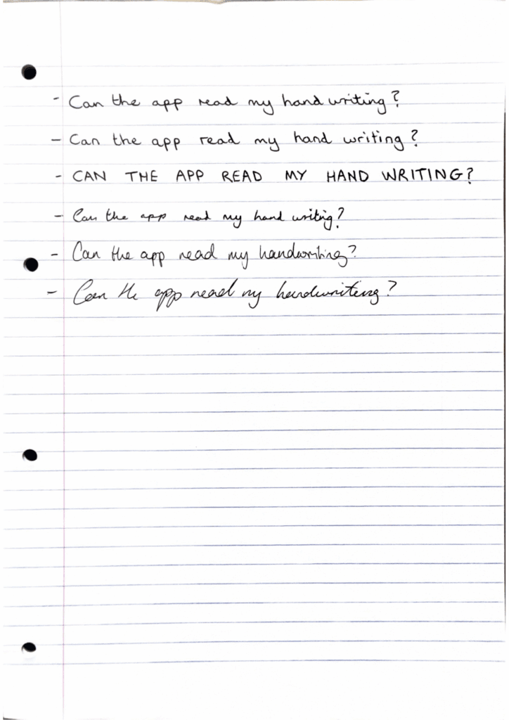 Handwritten note scan with strong OCR recognition of different handwriting styles